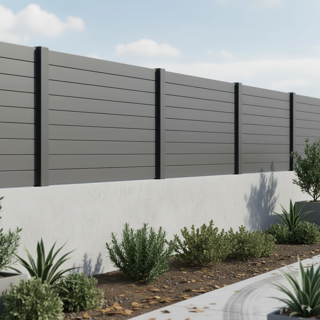 Clôture lames horizontales sur muret enduit